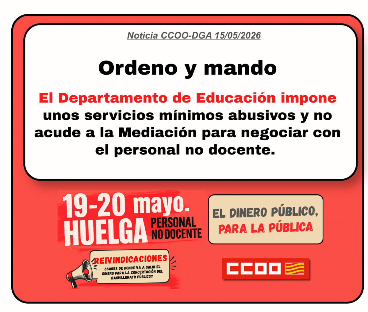 El Departamento de Educación retrasa la negociación de los servicios mínimos y su publicación hasta el límite máximo posible.