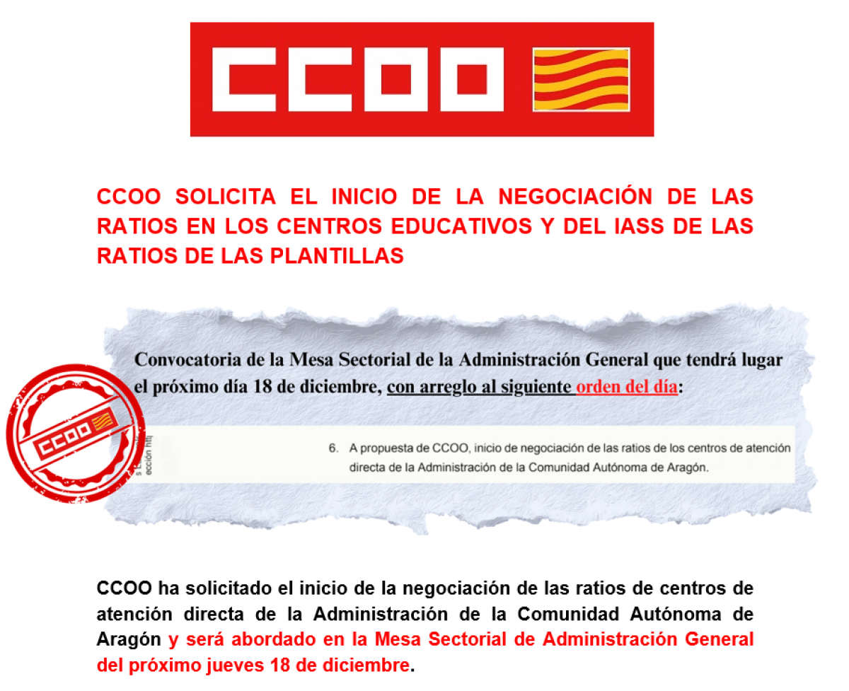 CCOO incluye en el orden del día de la MSAG: LA NEGOCIACIÓN DE LAS RATIOS
